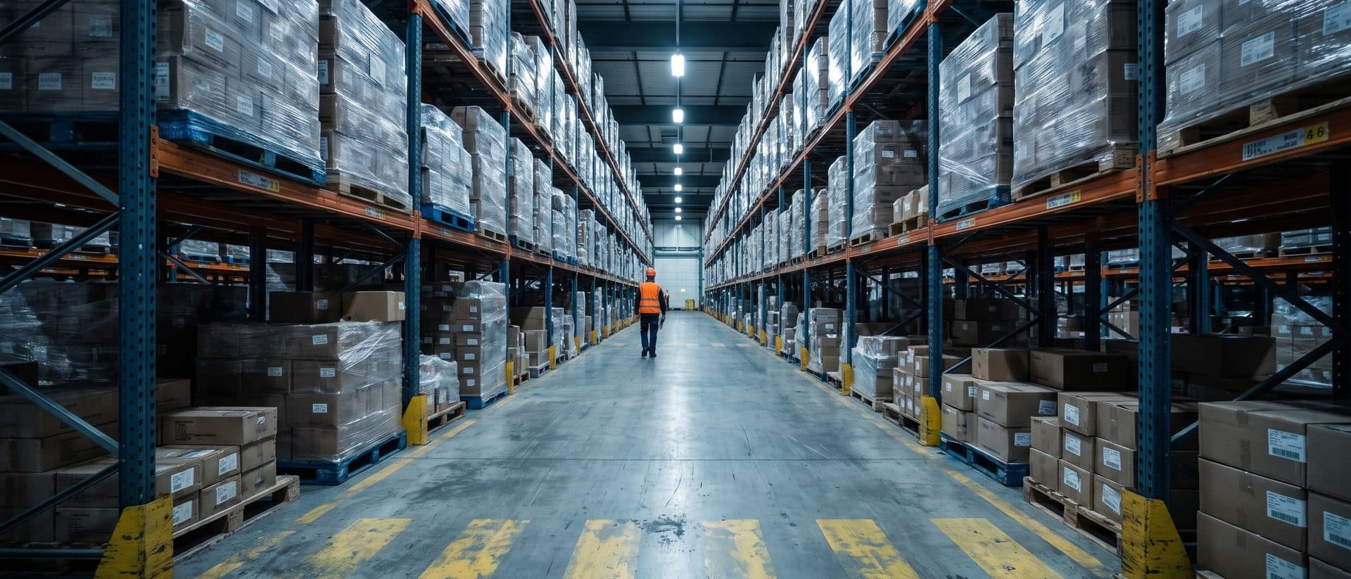 Main pick aisle of a working distribution warehouse with loaded steel racking on both sides and a worker in a hi-vis vest far down the aisle