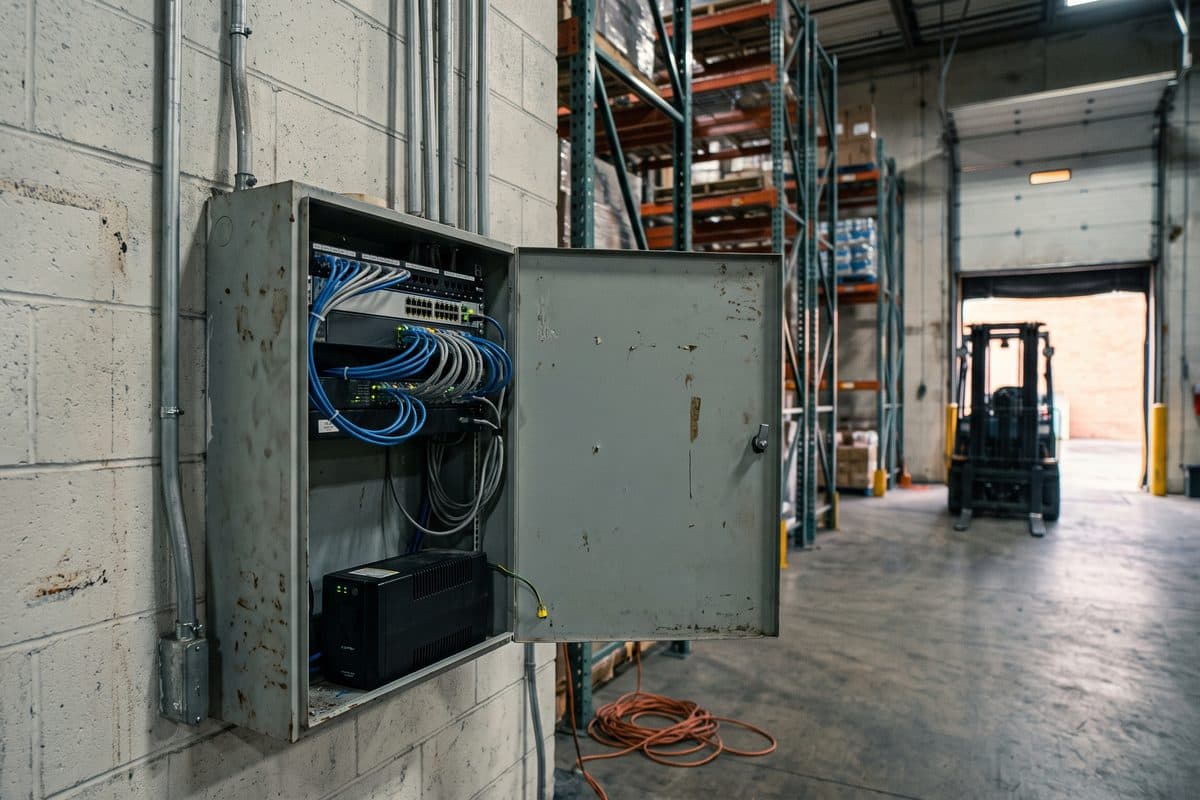 Open IT enclosure on a warehouse block wall, a switch and patch panel with bundled cabling above a small UPS
