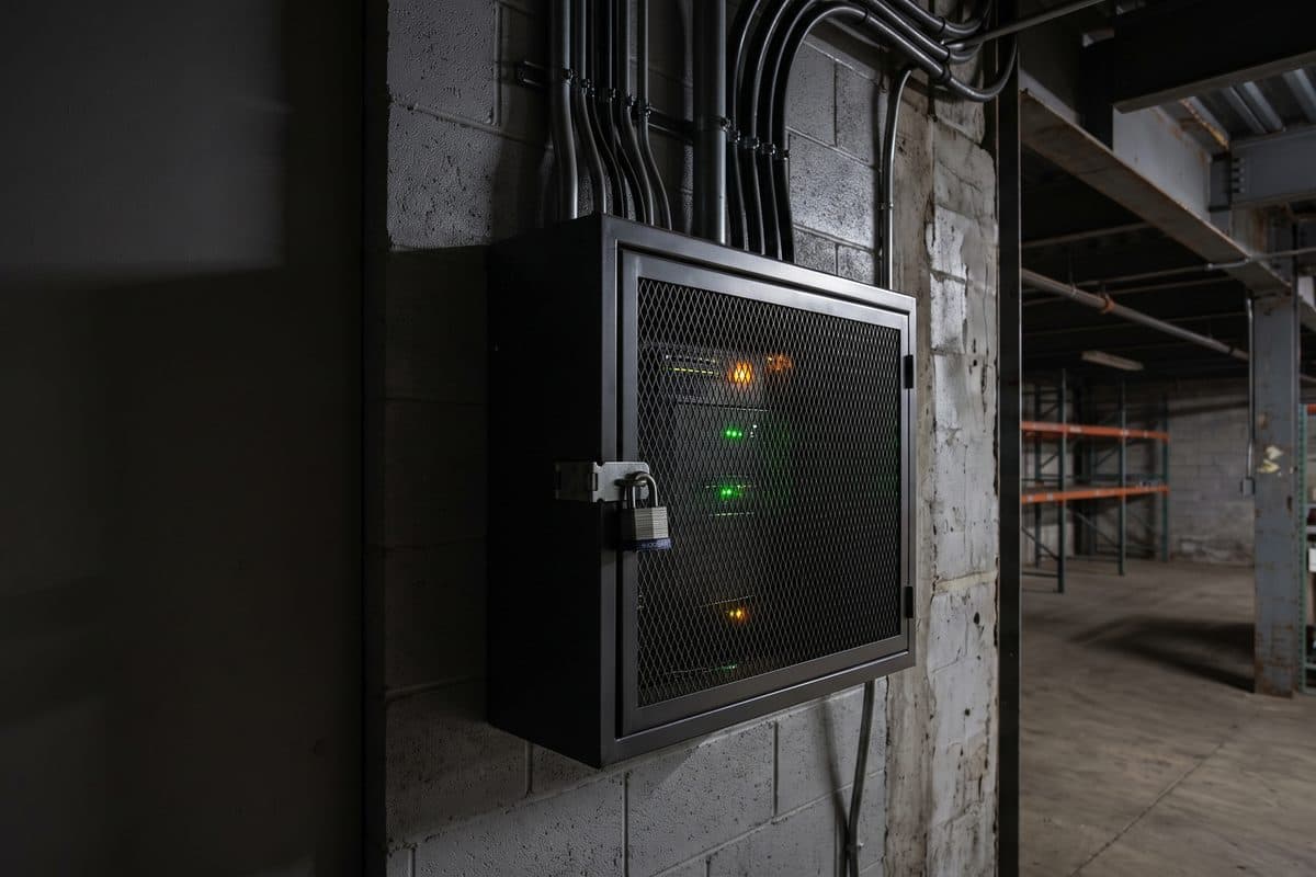 Padlocked black mesh network enclosure on an industrial block wall with status lights showing through the door
