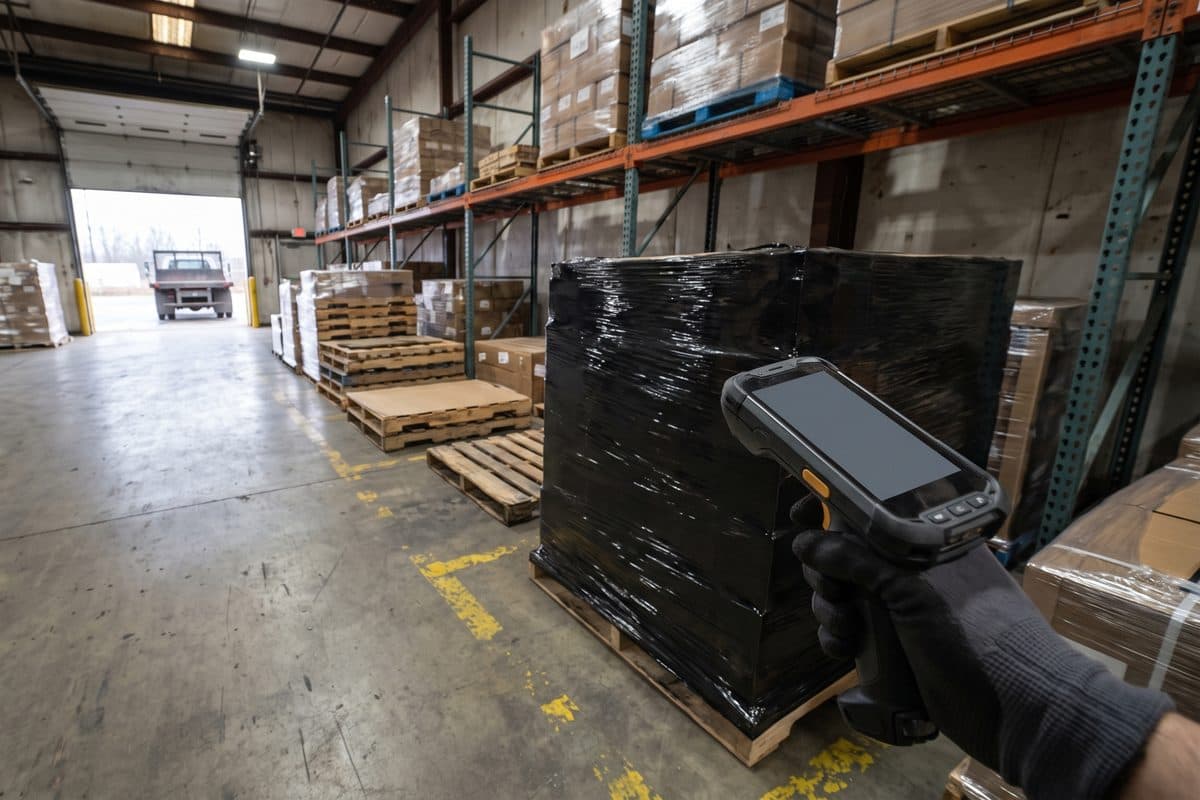 Gloved hand holding a rugged handheld scanner beside a wrapped pallet in a warehouse receiving area